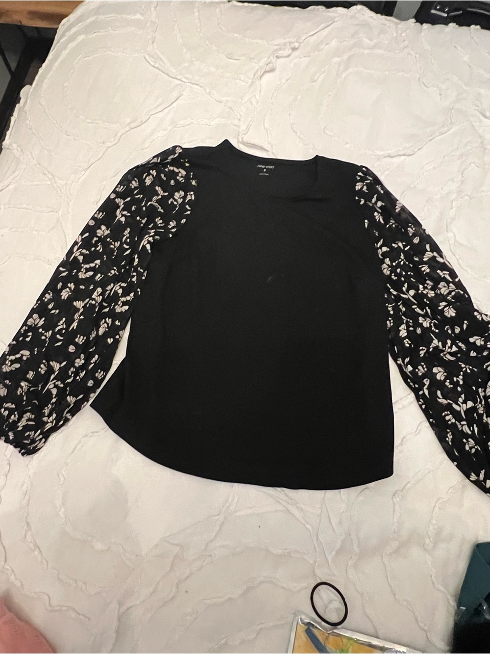 Nine West Black Blouse with Floral Sheer Sleeves